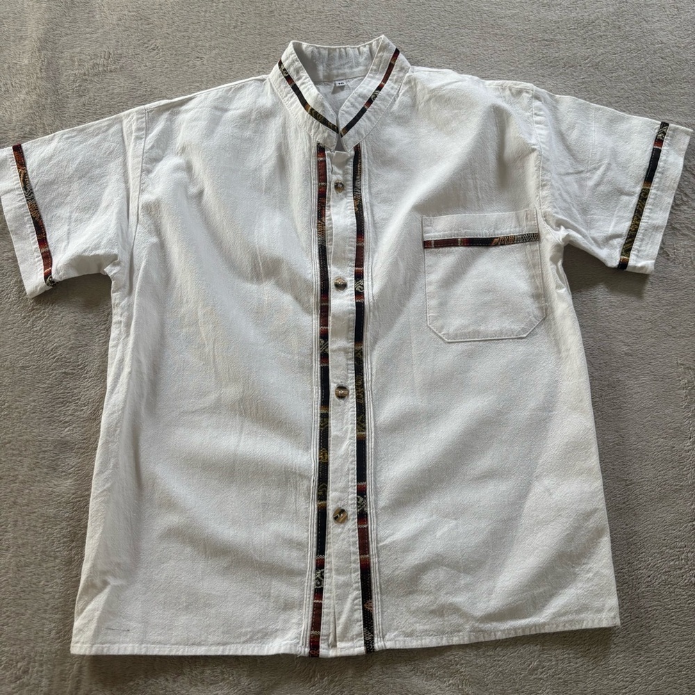 Boy Mexican White Short Sleeve Shirt with Plaid Trim Size 10